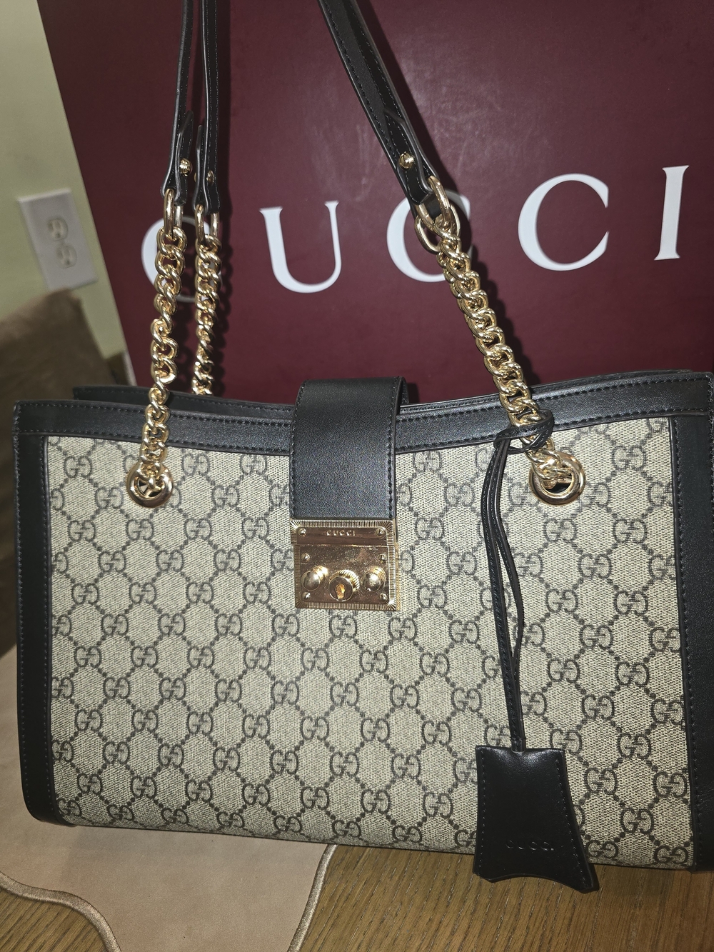 Gucci Beige GG Canvas Tote with Black Leather & Gold Hardware